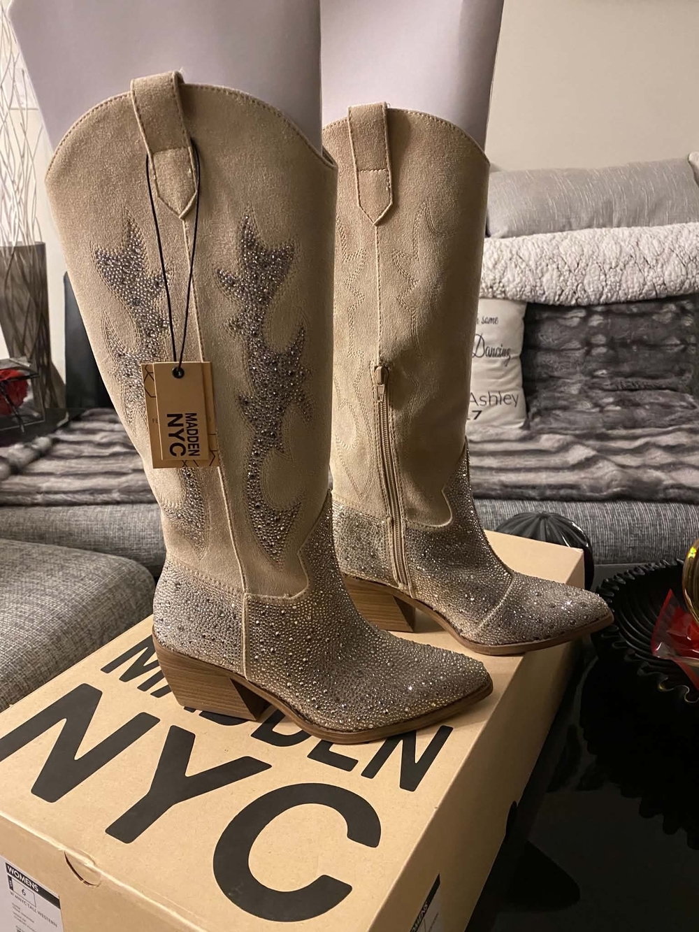Women's Beige Crystal-Embellished Western Boots